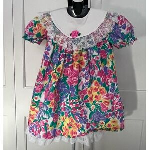 Vintage Rose Cottage Girls Floral Dress Lace Collar Puff Sleeves Size‎ 4/5